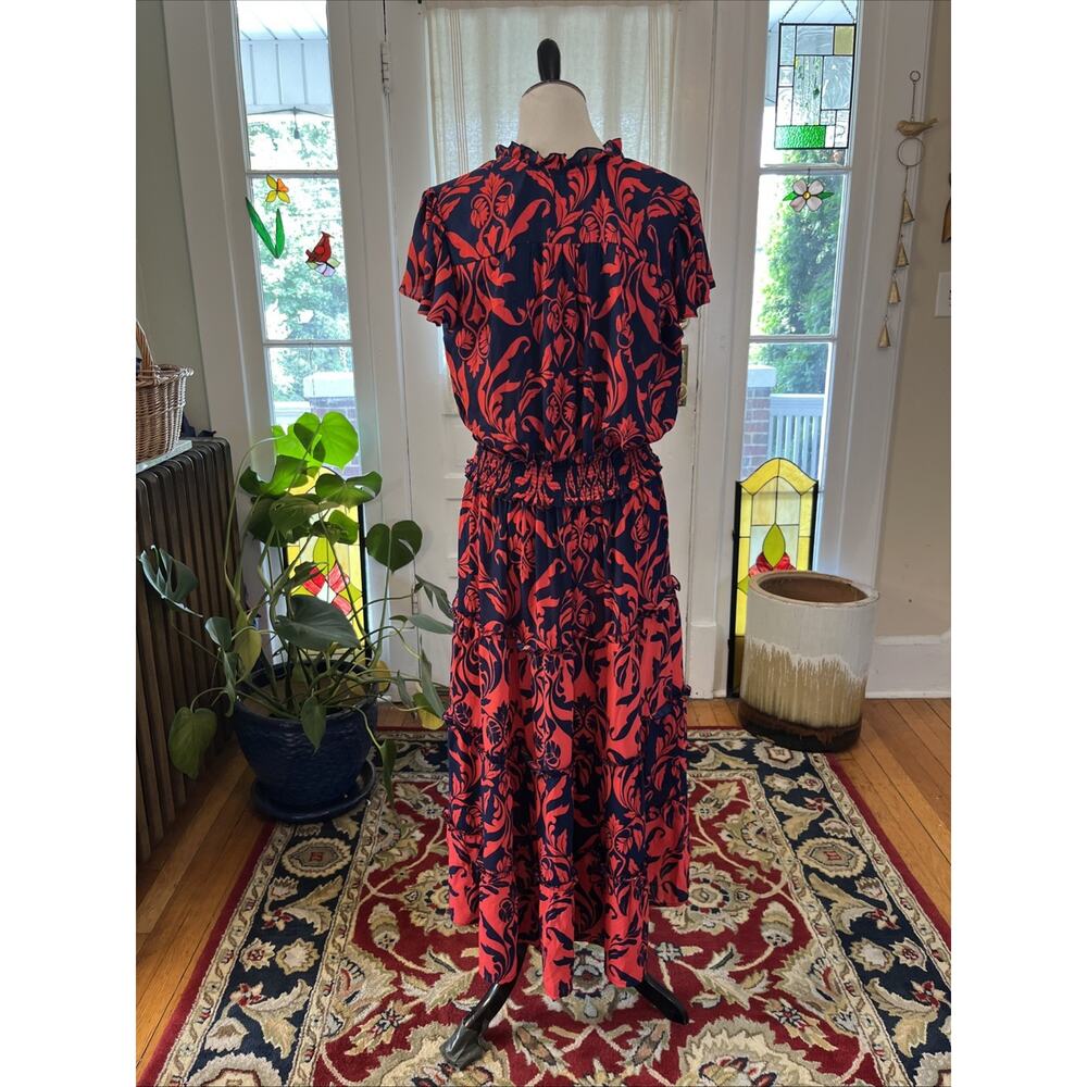 CHICOS Sz 0 Maxi Dress US 4 S Flutter Sleeve Smocked Waist Damask Floral Tier - Picture 4 of 11